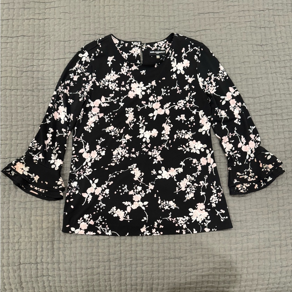 Karl Lagerfeld Paris Small Floral Black and White Women’s Blouse Ruffle Sleeve